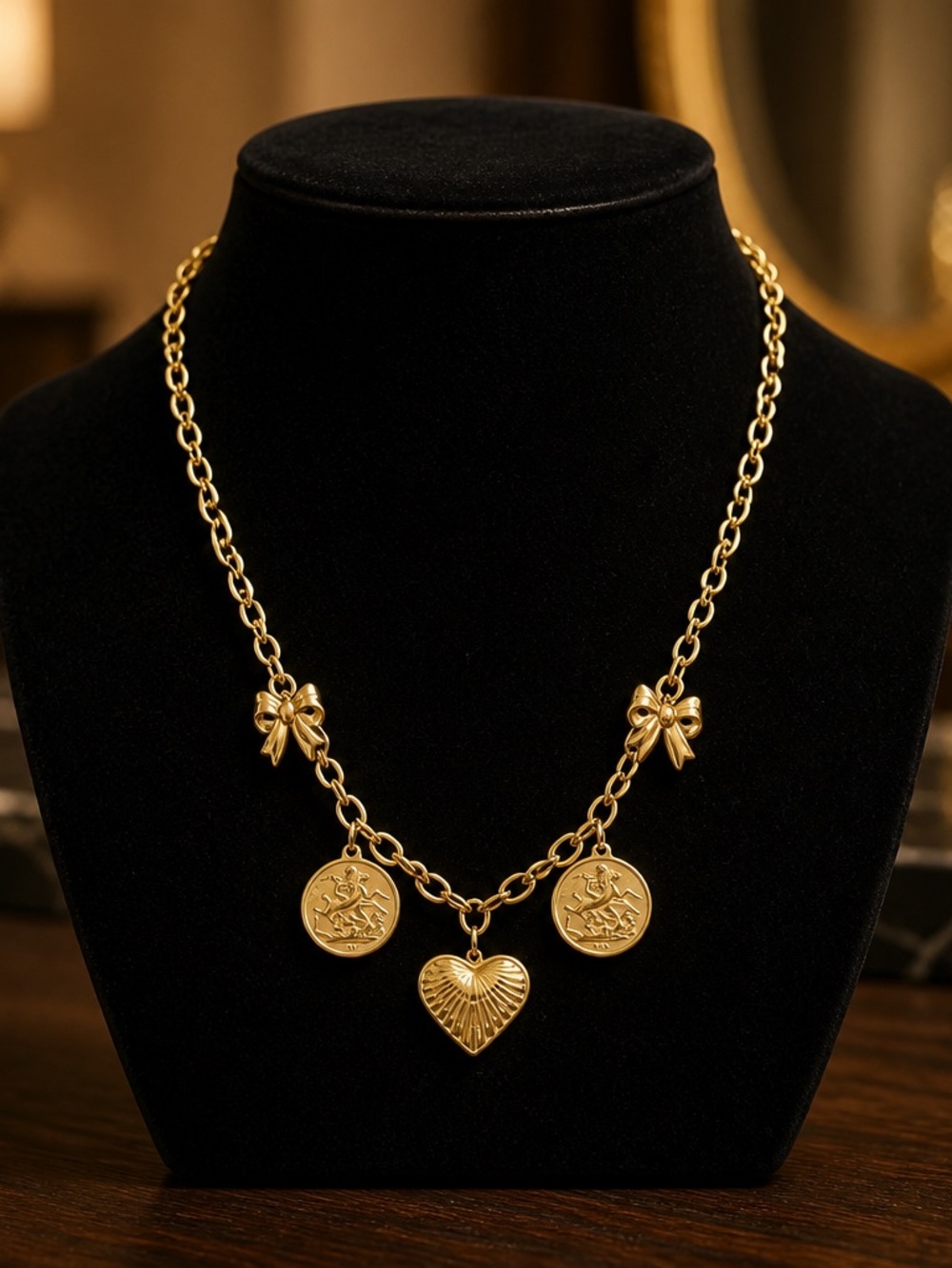 Gold Heart & Coin Charm Necklace with Bow Accents - Women Jewelry